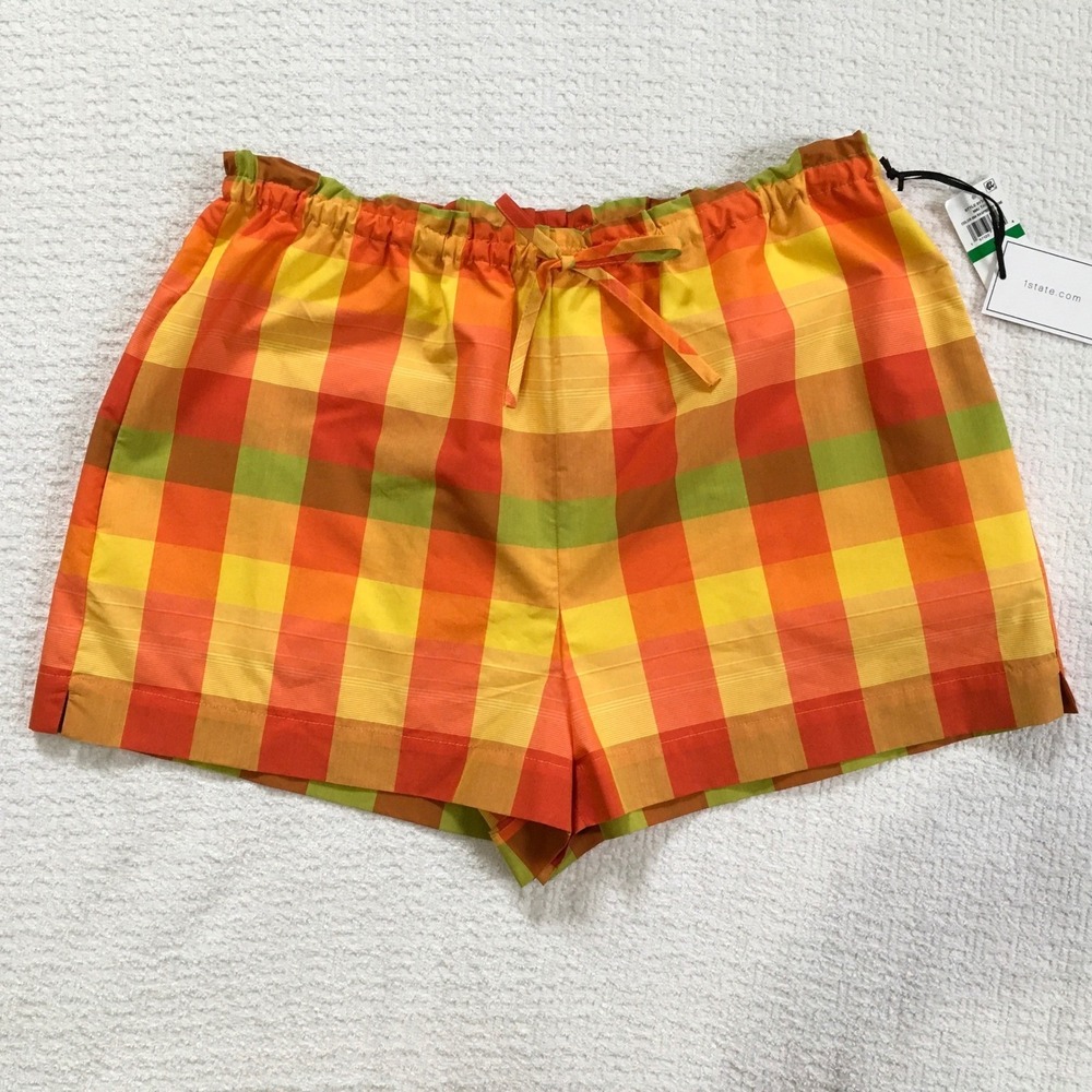 1.STATE Womens L Plaid Drawstring Shorts Dopamine Beach Dorm Lounge